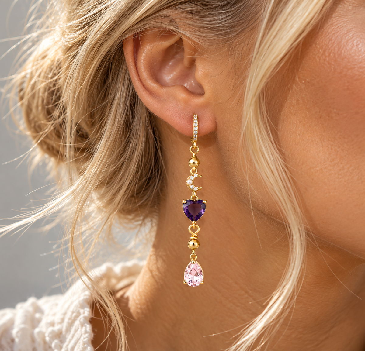 Purple heart pink love earrings